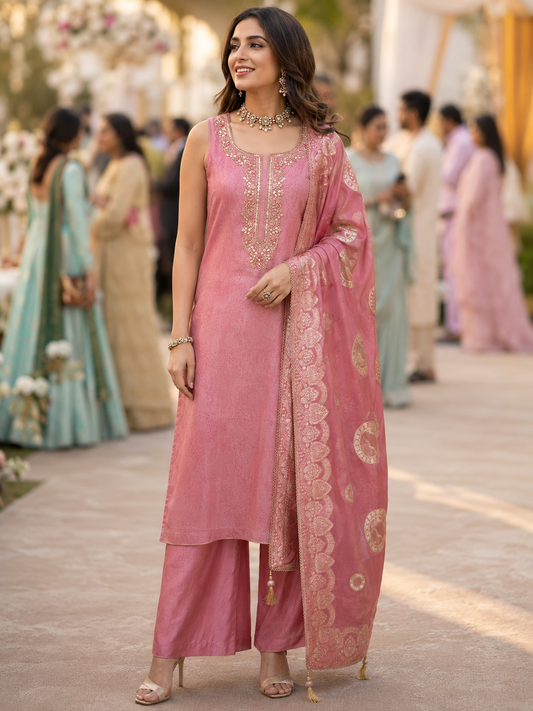 Pink Shimmer Banarasi Semi Stitched Suit