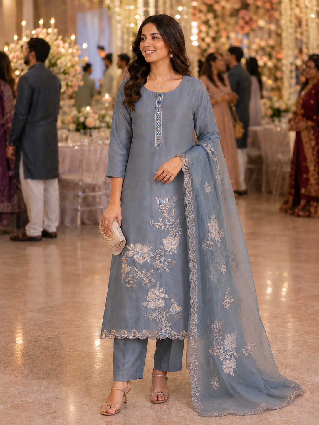 Blue Applique Shimmer Semi Stitched Suit