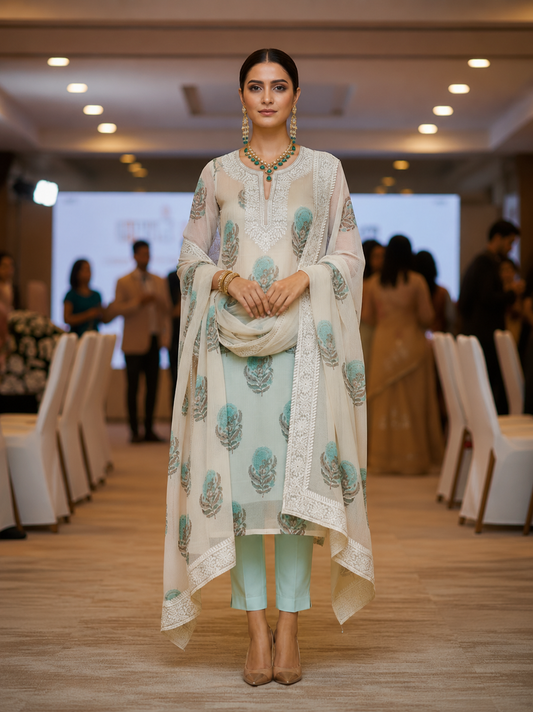 Green Georgette Chikankari Semi Stitched Suit