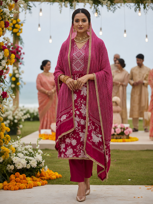 Pink Satin Printed Semi Stitched Suit