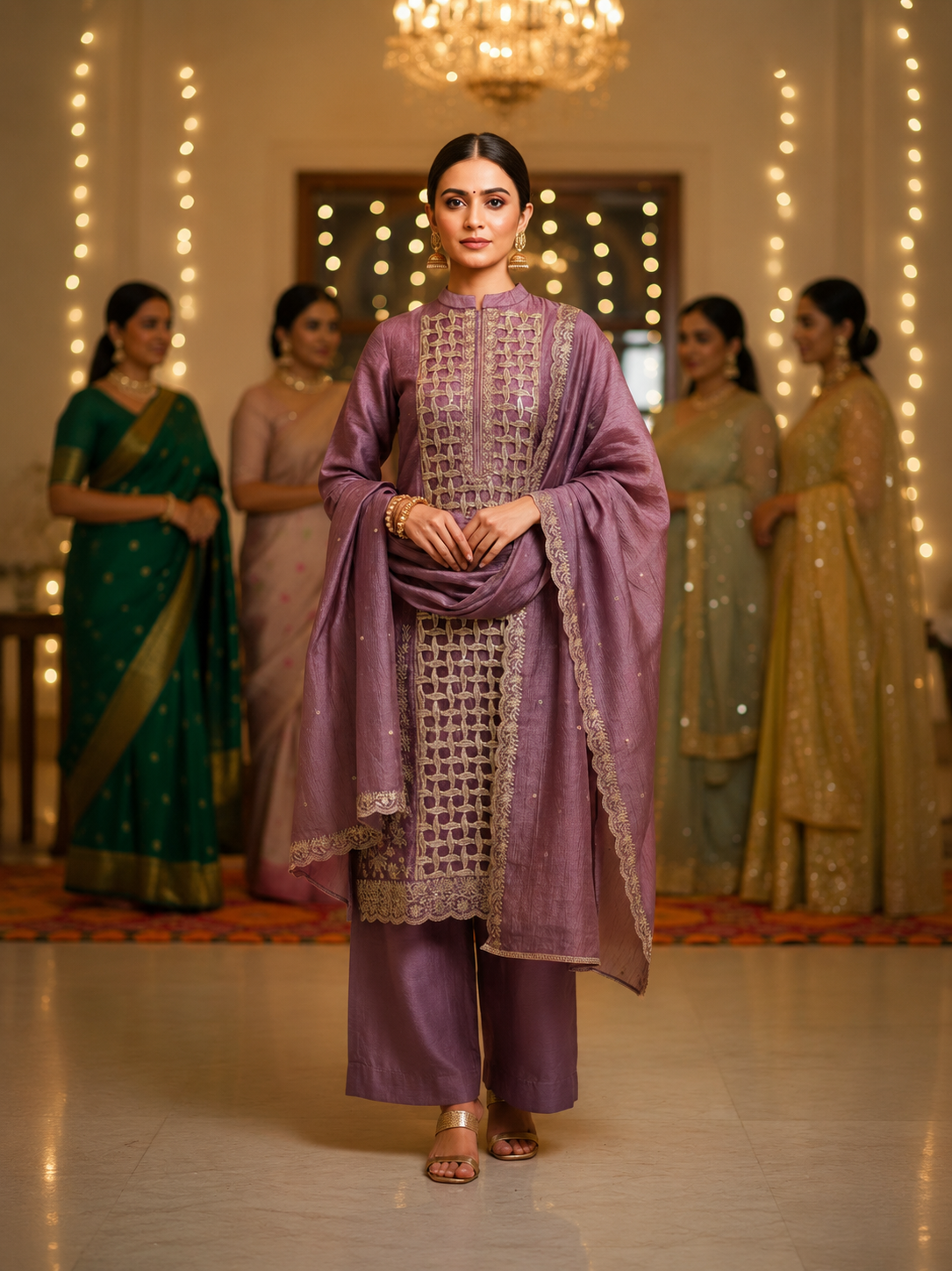 Purple Embellished Crackle Semi Stitched Suit