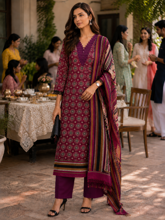 Wine Maheshwari Silk Unstitched Suit