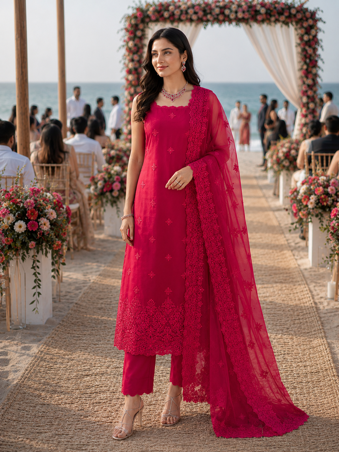 Red Embroidered Tissue Semi Stitched Suit