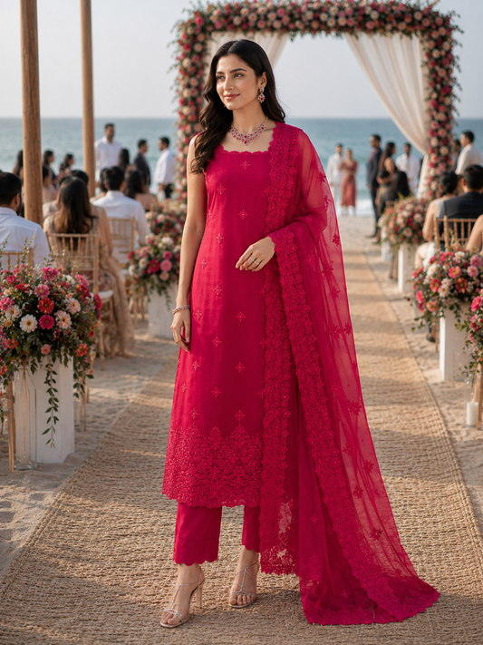 Red Embroidered Tissue Semi Stitched Suit