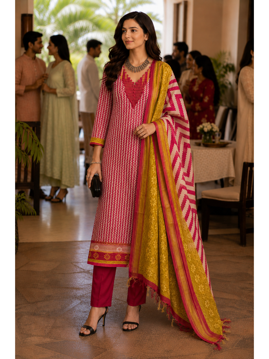 Red Maheshwari Silk Unstitched Suit