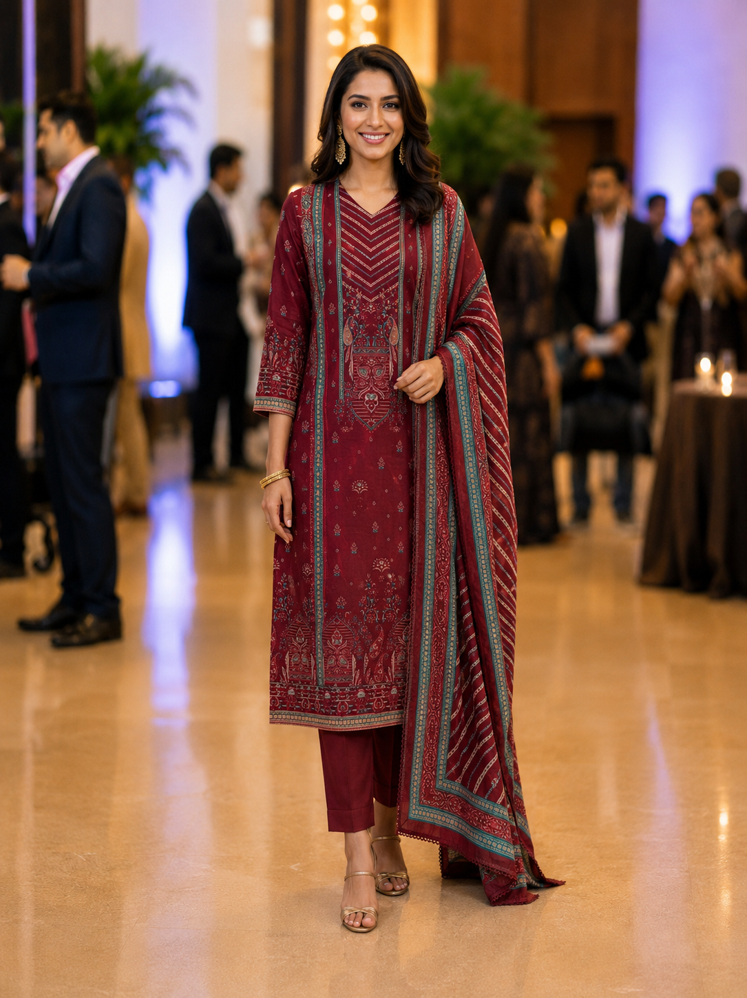 Red Muslin Printed Semi Stitched Suit