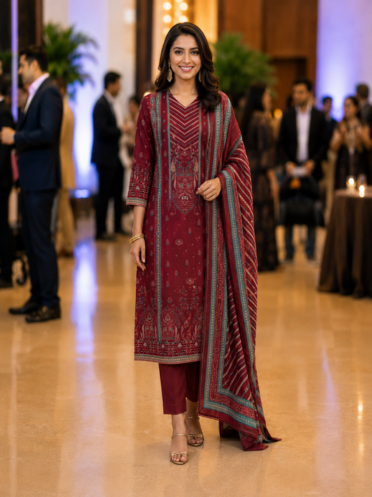 Red Muslin Printed Semi Stitched Suit