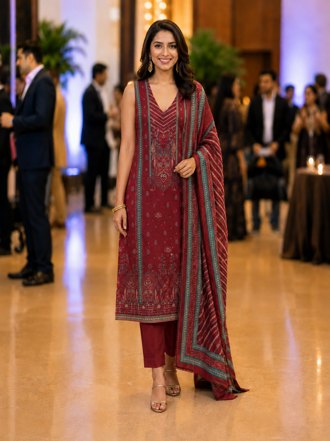 Red Muslin Printed Semi Stitched Suit