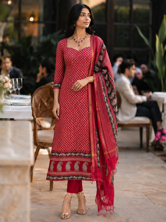 Red Maheshwari Unstitched Suit