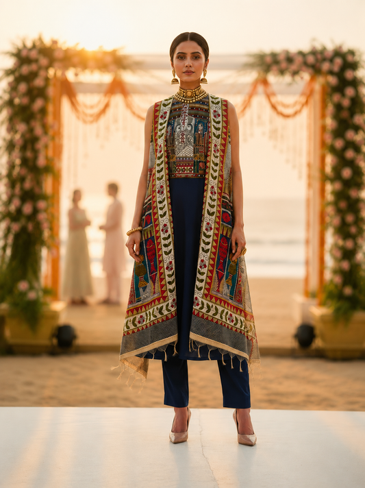 Blue Dabka Work Maheshwari Silk Semi Stitched Suit