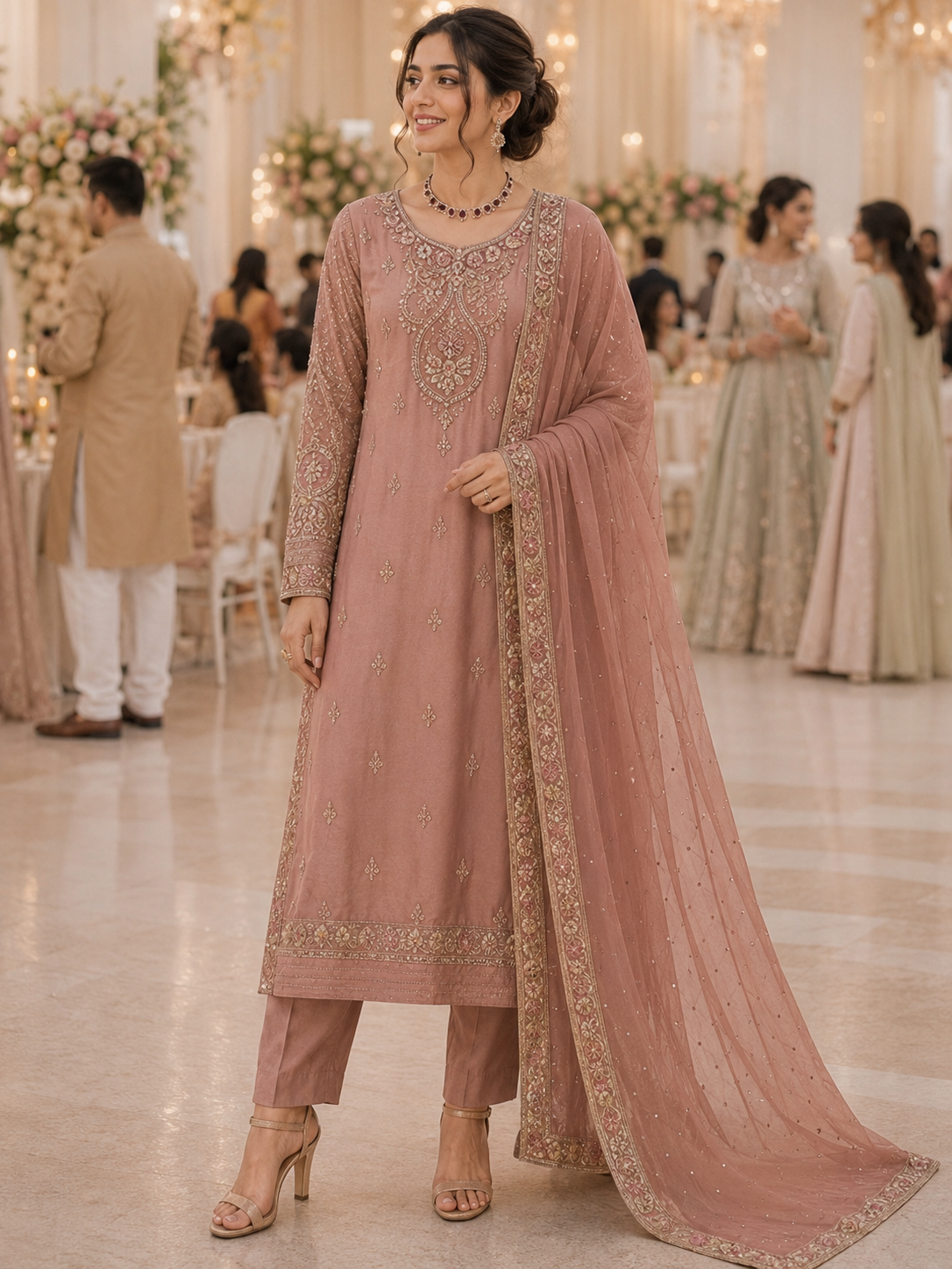 Peach Sequence Shimmer Semi Stitched Suit