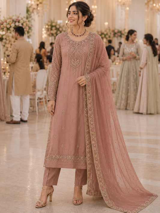 Peach Sequence Shimmer Semi Stitched Suit
