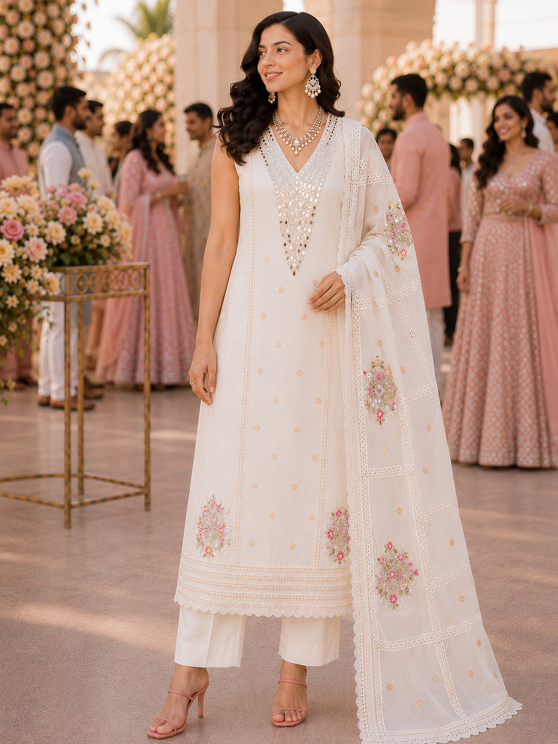 White Mulmul Mirror Work Semi Stitched Suit