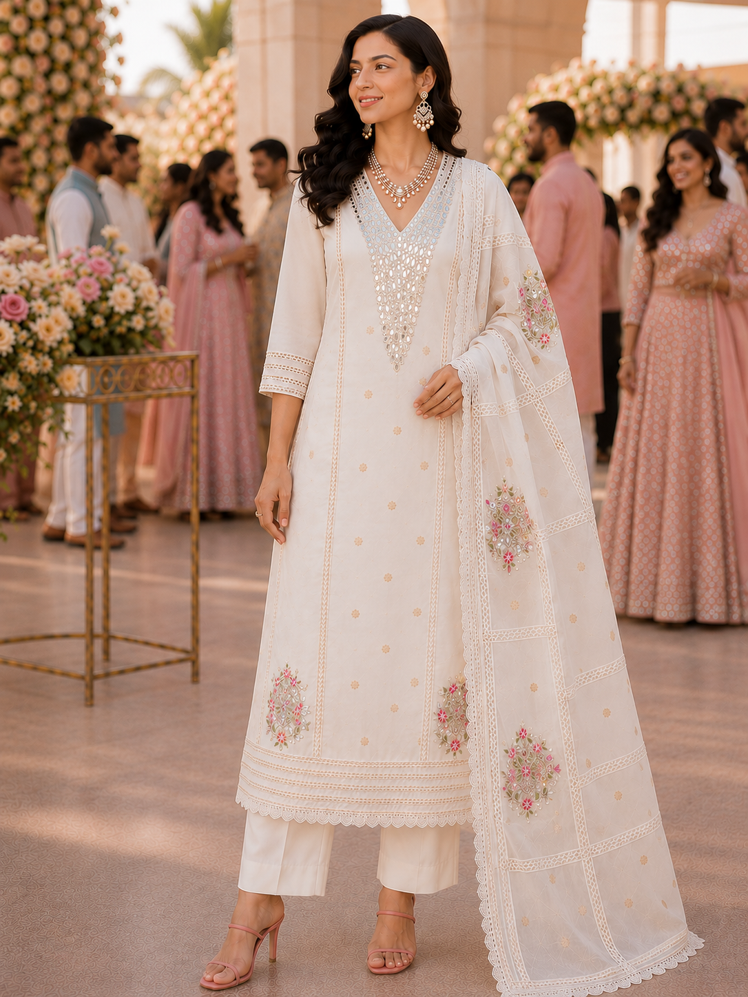 White Mulmul Mirror Work Semi Stitched Suit