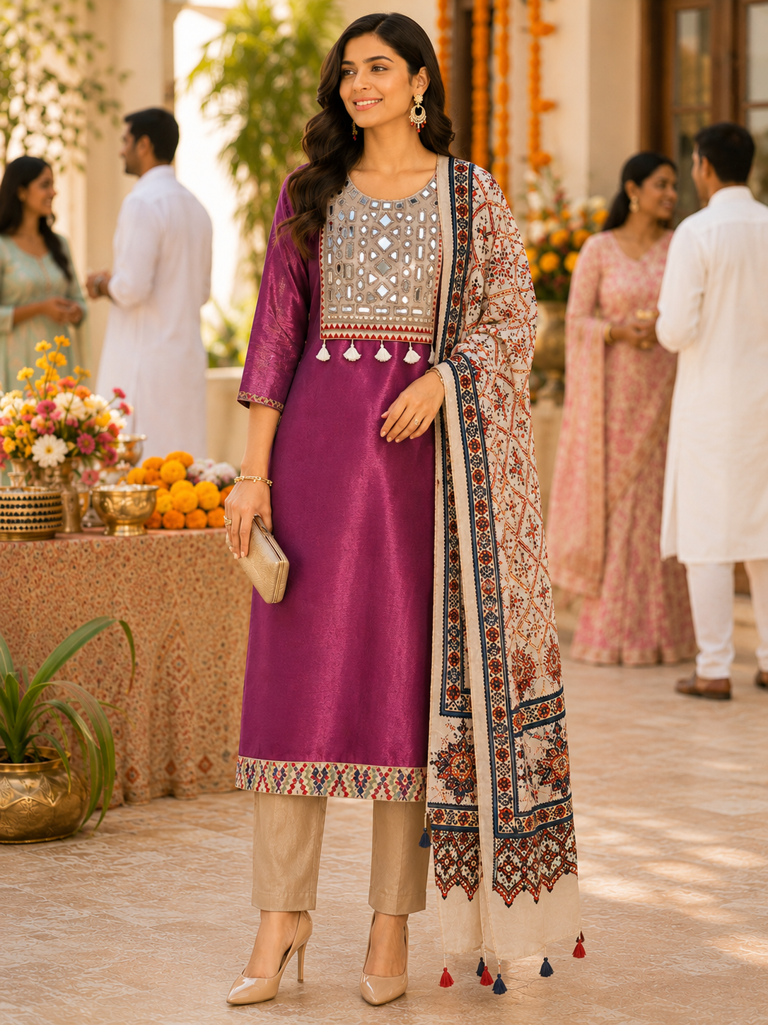 Wine Mirror Work Gajji Silk Unstitched Suit