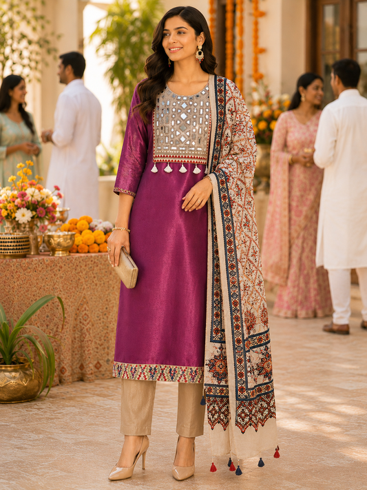 Wine Mirror Work Gajji Silk Unstitched Suit