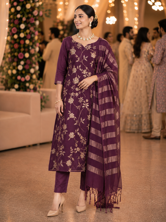 Deep Wine Mul Chanderi Unstitched Suit
