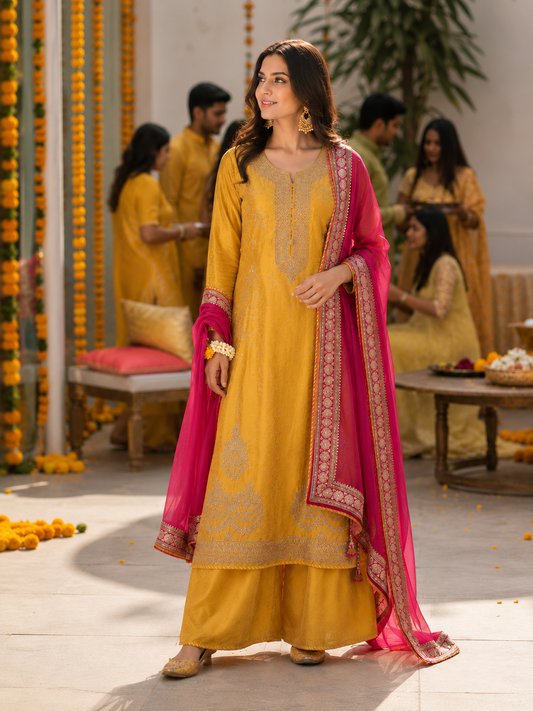 Yellow Zari Shimmer Semi Stitched Suit