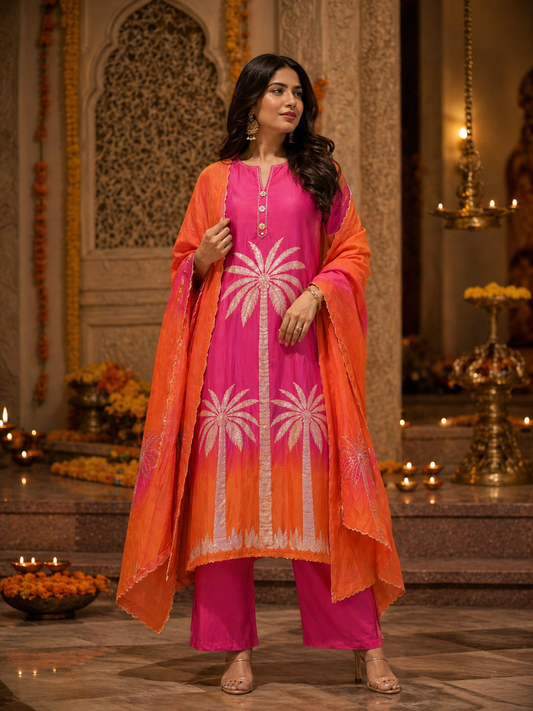 Pink Applique Mulmul Semi Stitched Suit