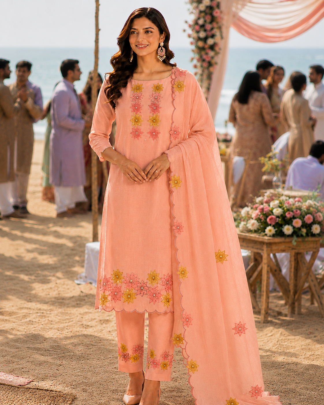 Peach Applique Mulmul Semi Stitched Suit